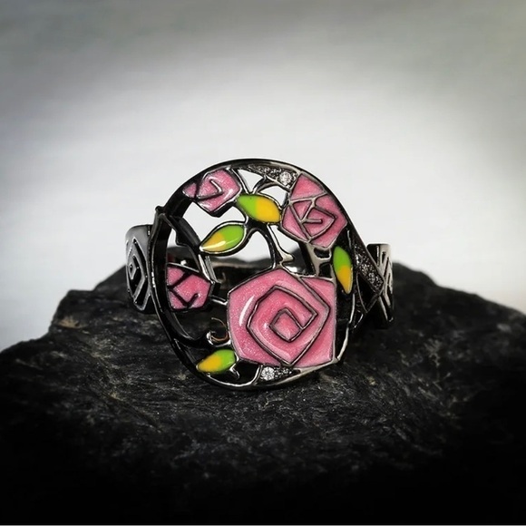 lack Gold/ Rhodium Plated Sterling Silver Beauty & The Beast Eternal Rose Ring - Picture 2 of 6